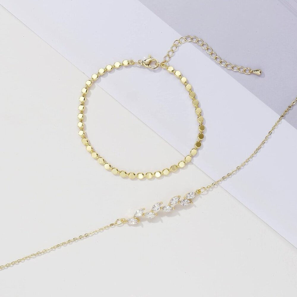 Dainty Layered Bracelets Set Gold Plated Beaded CZ Gift for Women - Picture 8 of 9